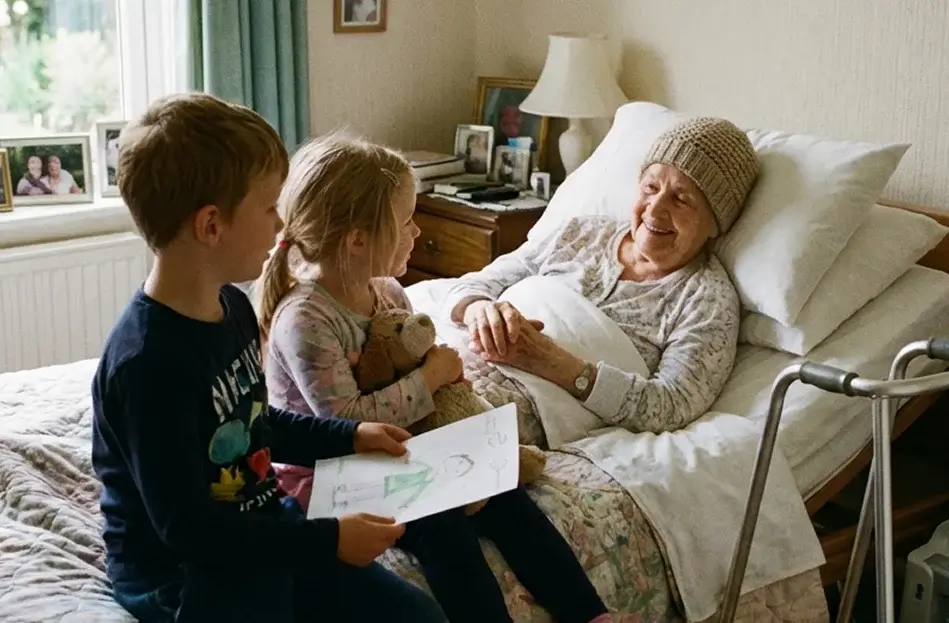 Children visiting and comforting an elderly woman in bed at home